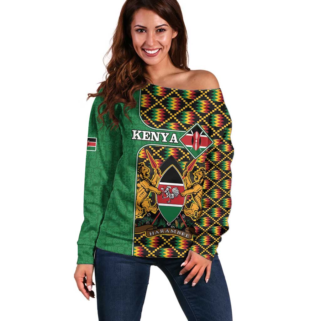 Kenya Off Shoulder Sweater Coat Of Arms Kente Pattern - Wonder Print Shop