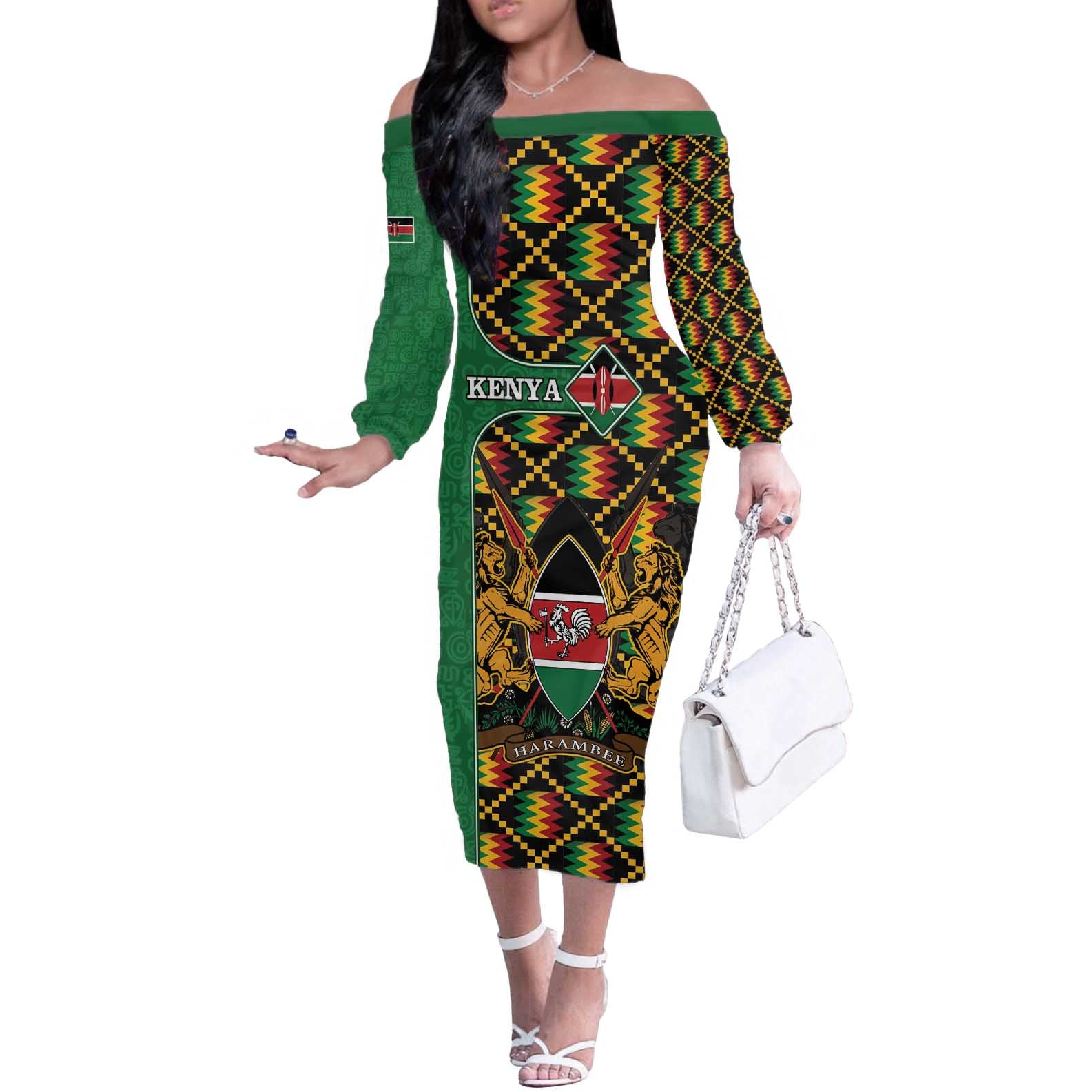 Kenya Off The Shoulder Long Sleeve Dress Coat Of Arms Kente Pattern - Wonder Print Shop