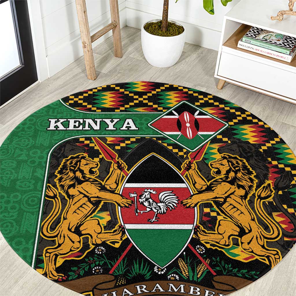 Round green Kenya coat of arms rug with central shield, lions, and black border