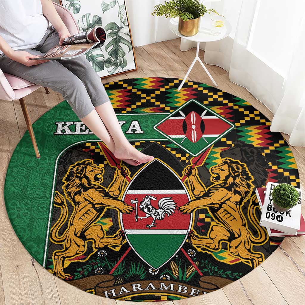 Round green Kenya coat of arms carpet with lions, shield emblem, and Harambe text