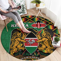 Round green Kenya coat of arms carpet with lions, shield emblem, and Harambe text