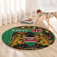 Round green Kenya coat of arms area rug with lions and shield medallion