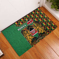Green rubber doormat featuring Kenya crest and multicolor kente pattern, full print
