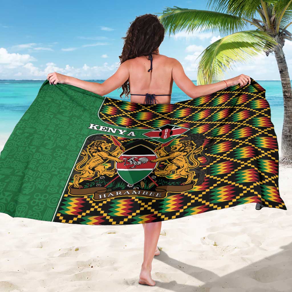 Kenya kente-pattern sarong coat, back view, green base with KENYA HARAMBEE crest