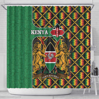 Shower curtain with Kenya coat of arms: green textured side, multicolor kente pattern, lions shield