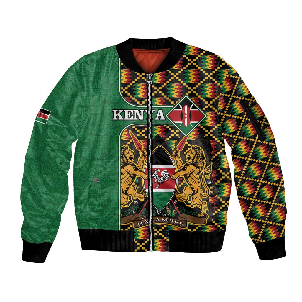 Kenya Sleeve Zip Bomber Jacket Coat Of Arms Kente Pattern - Wonder Print Shop