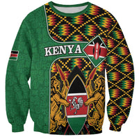 Unisex green crewneck sweatshirt coat with multicolor kente pattern and Kenya crest