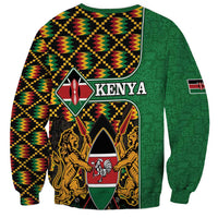 Unisex green crewneck sweatshirt coat with kente geometric yoke and Kenya crest panel