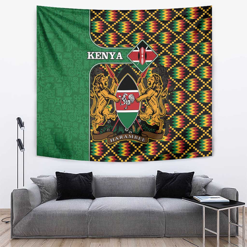 Kenya tapestry with two-lion coat-of-arms, and multicolor kente geometric border