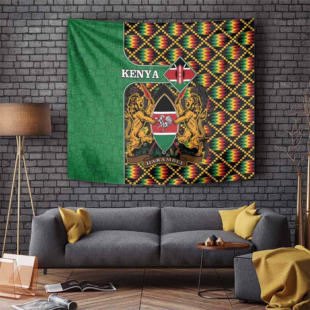 Green Kenya tapestry with crest and multicolor kente diamond border, wall hanging