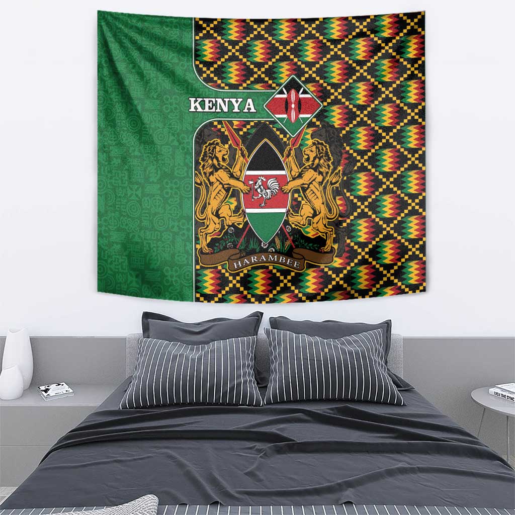 Square tapestry with Kenya word, central coat-of-arms, and multicolor kente border