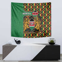 Green Kenya wall tapestry with central crest and multicolor kente geometric border