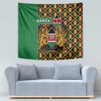 Kenya tapestry with lions coat-of-arms, Kenya text, and multicolor kente diamond border