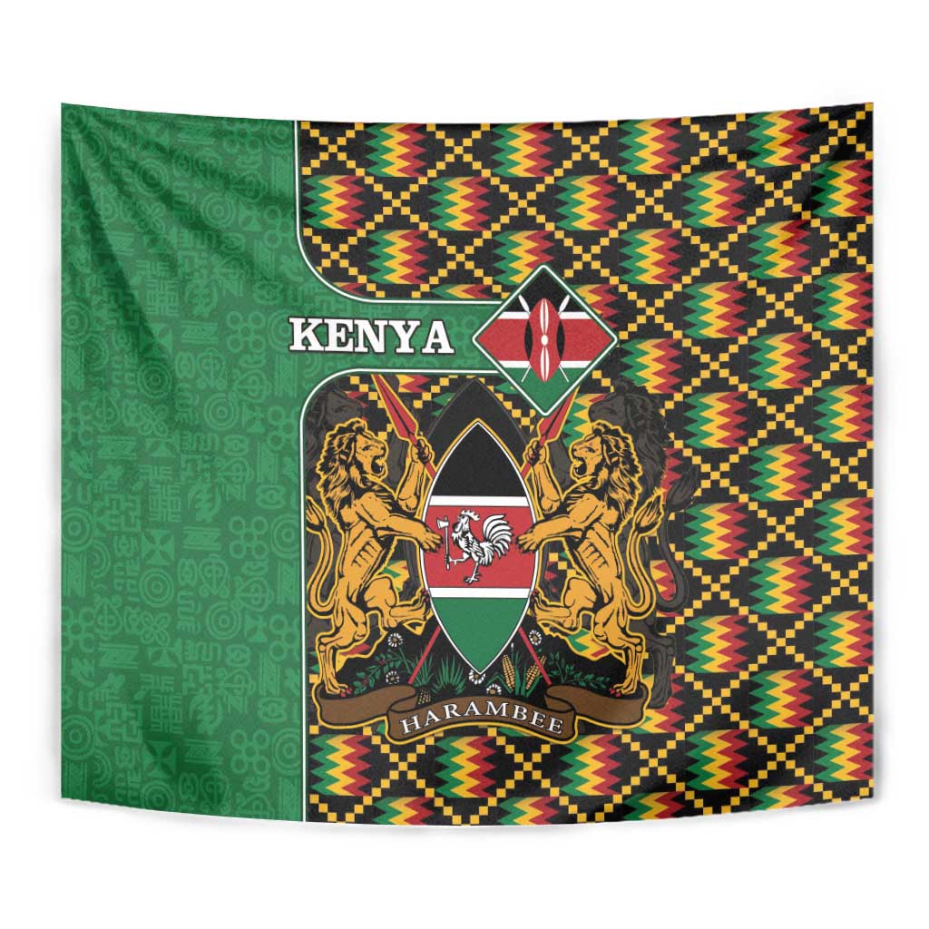 Close-up Kenya crest tapestry with green left panel and multicolor kente diamond pattern