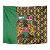 Close-up Kenya crest tapestry with green left panel and multicolor kente diamond pattern