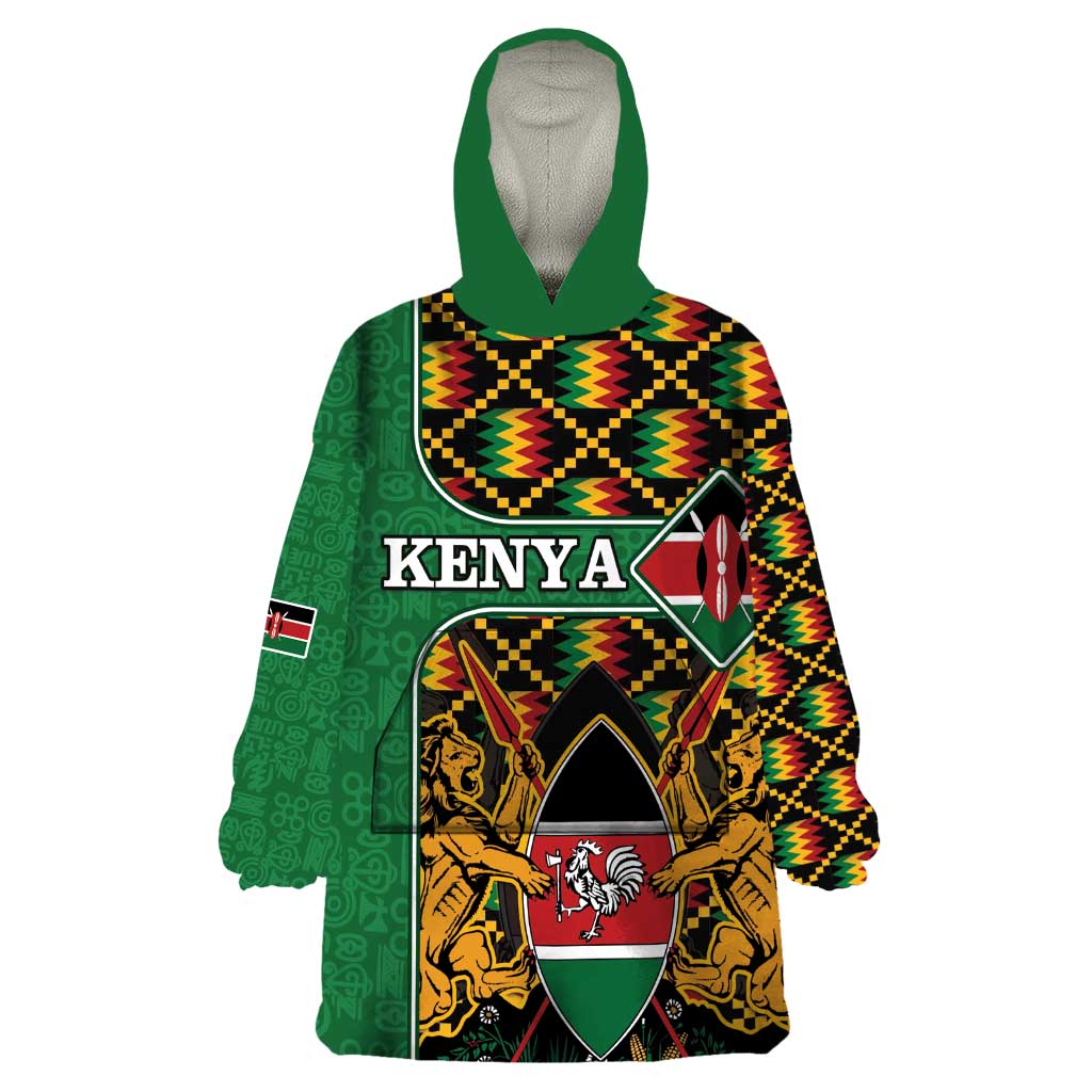 Kenya Wearable Blanket Hoodie Coat Of Arms Kente Pattern - Wonder Print Shop