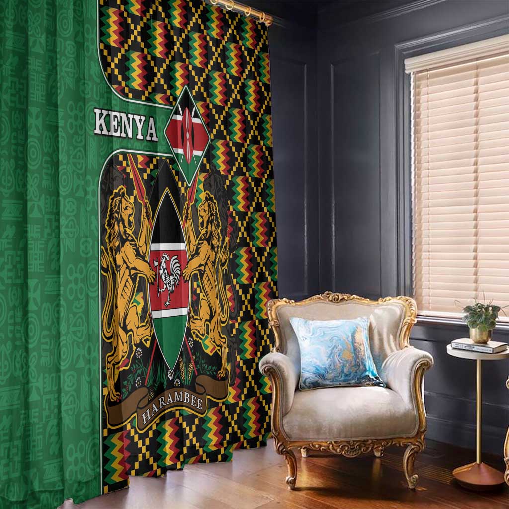 Kenya coat of arms window curtains in green with black, gold, and kente zigzag accents