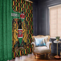Kenya coat of arms window curtains in green with black, gold, and kente zigzag accents