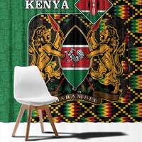 Close-up view of green Kenya coat of arms curtain panel with multicolor kente border