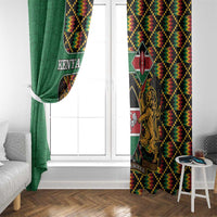 Green and black window curtain panels with Kenya emblem and multicolor kente check pattern