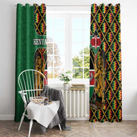 Green Kenya curtain panels with black kente zigzag sections and coat of arms shield