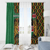 Green window curtain set with Kenya coat of arms, black base, and multicolor kente patterns
