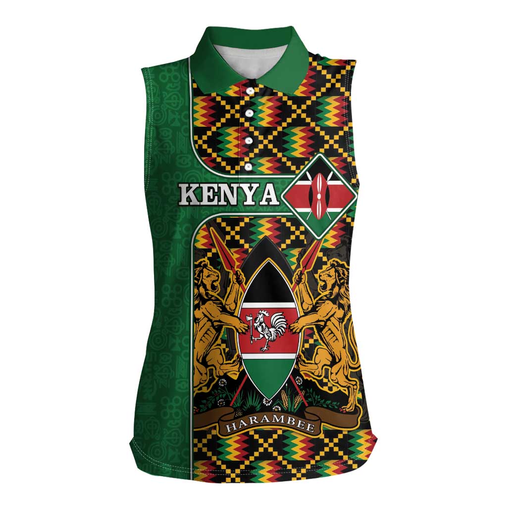 Kenya Women Sleeveless Polo Shirt Coat Of Arms Kente Pattern - Wonder Print Shop