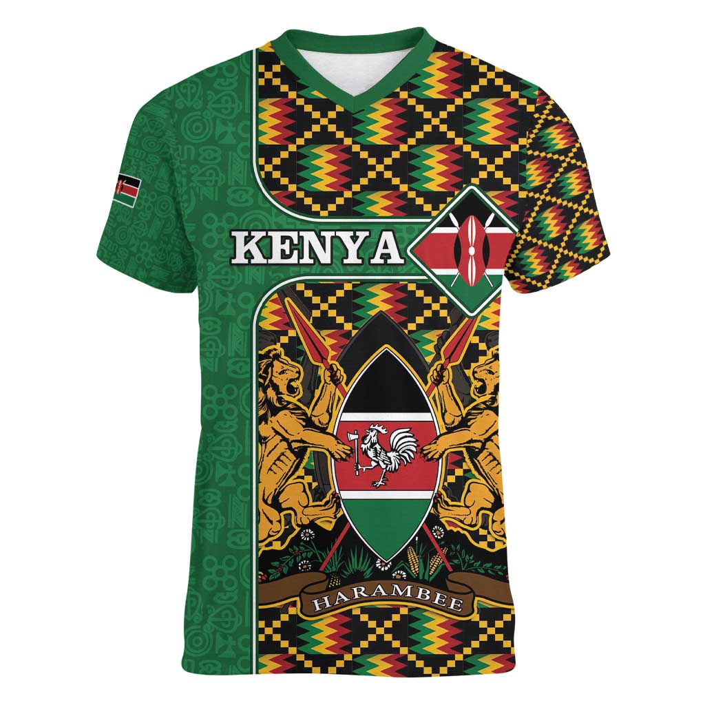 Kenya Women V-Neck T-Shirt Coat Of Arms Kente Pattern - Wonder Print Shop