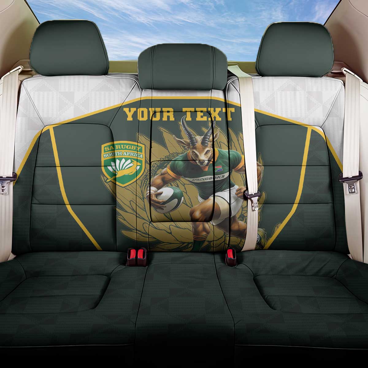 South Africa Rugby Personalised Back Car Seat Cover Springboks Mascot With King Protea -  African Pattern - Wonder Print Shop