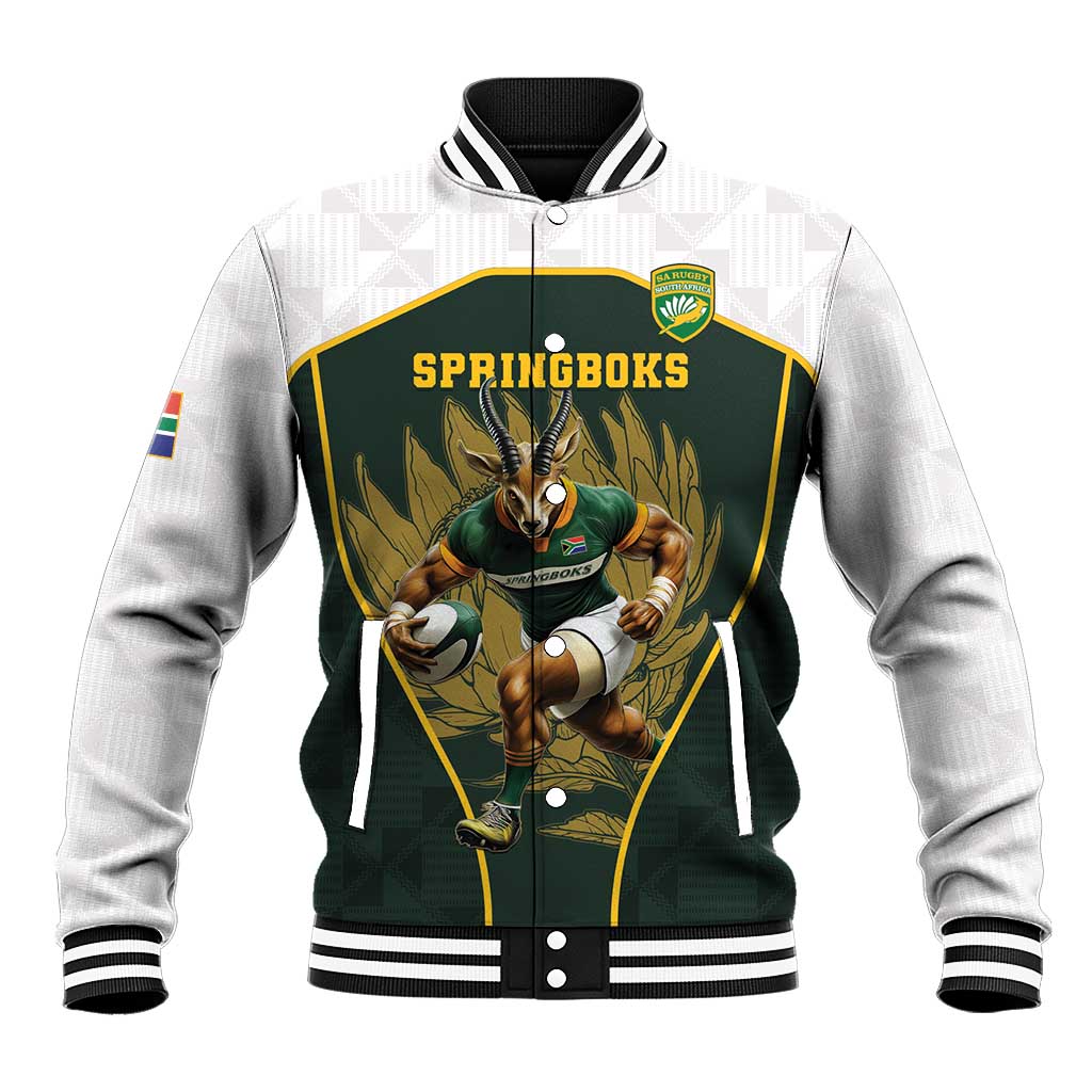 South Africa Rugby Personalised Baseball Jacket Springboks Mascot With King Protea -  African Pattern - Wonder Print Shop