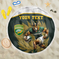 Personalized round green beach blanket with white fringe, rugby mascot graphic and 'YOUR TEXT'
