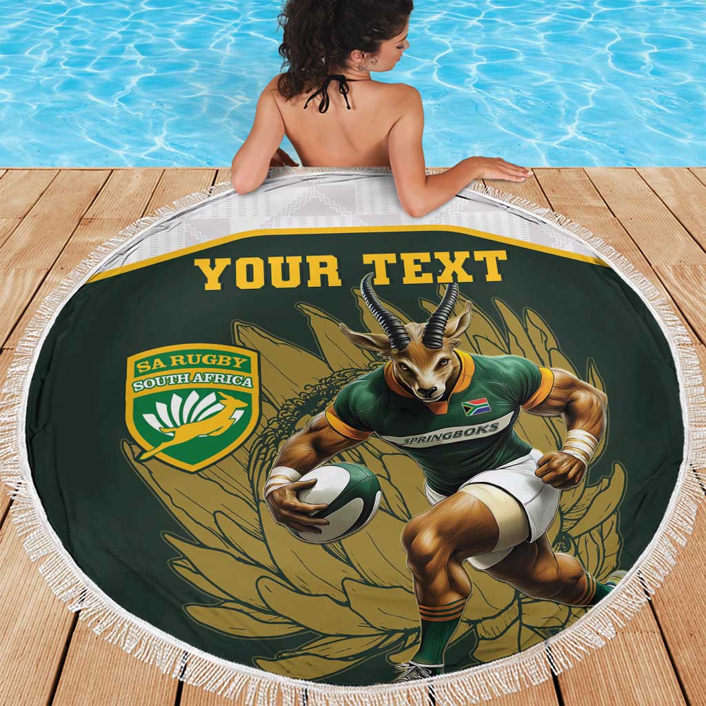 Round green beach blanket with white fringe and rugby mascot running, 'YOUR TEXT' banner