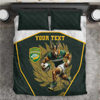 Green and white personalised rugby bedding set with two pillows, mascot crest and “YOUR TEXT”