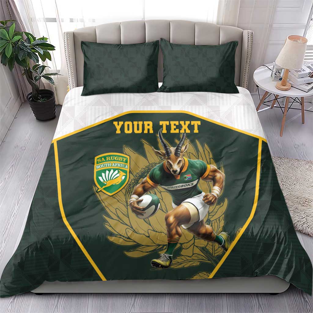 Personalised rugby bedding set in dark green with two matching pillows, mascot shield and “YOUR TEXT”