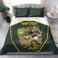 Personalised rugby bedding set in dark green with two matching pillows, mascot shield and “YOUR TEXT”