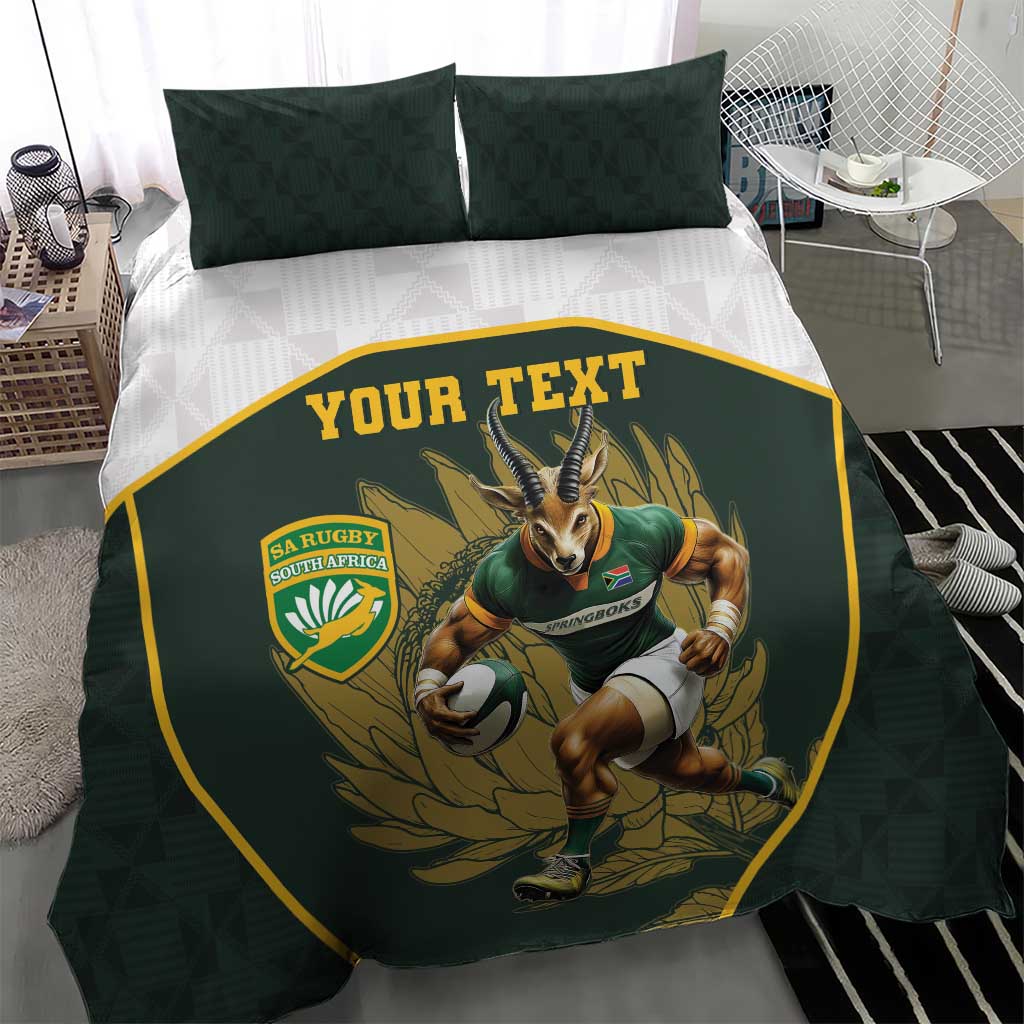 Green personalised rugby duvet set with two pillows; rugby mascot graphic and “YOUR TEXT” panel
