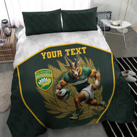 Green personalised rugby duvet set with two pillows; rugby mascot graphic and “YOUR TEXT” panel