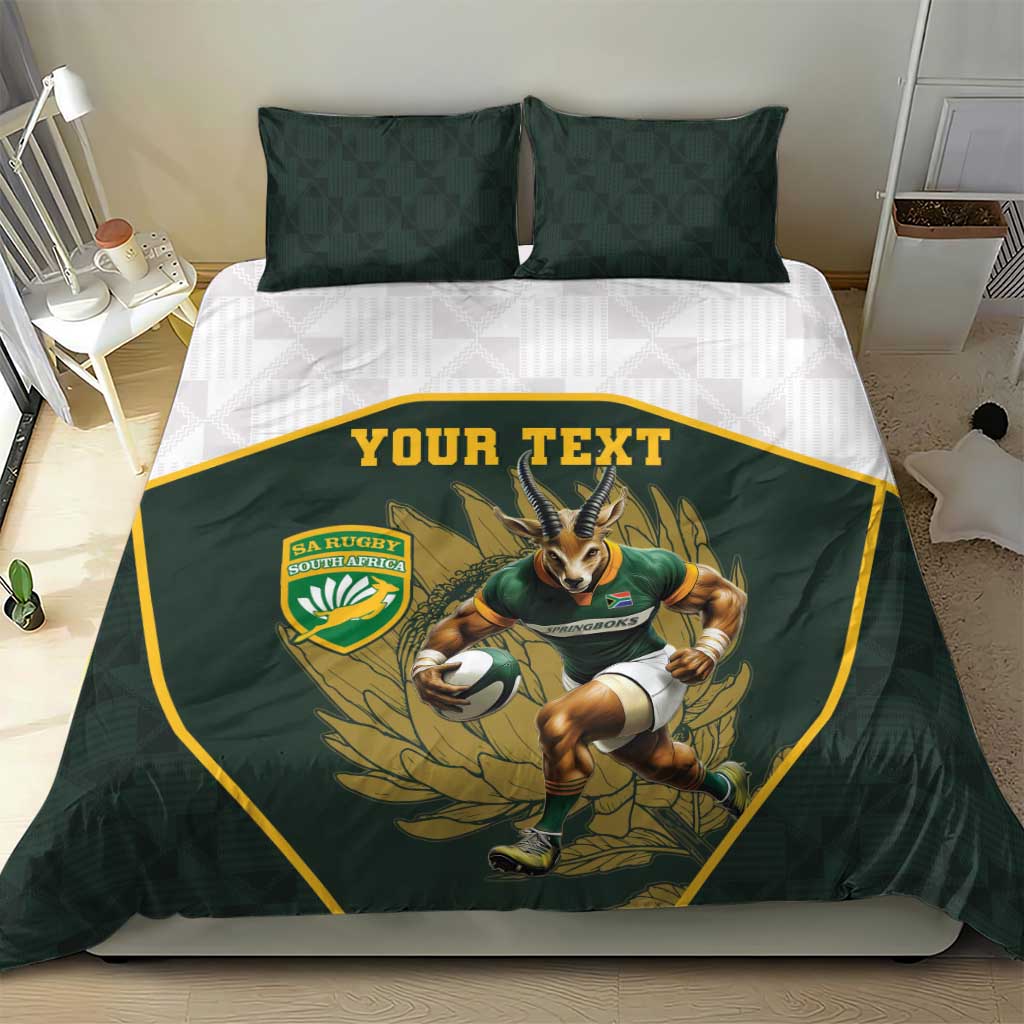 Dark green personalised rugby bedding set with two pillows and king protea style shield graphic