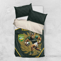 Personalised rugby bedding set with two dark green pillows; mascot crest and “YOUR TEXT”