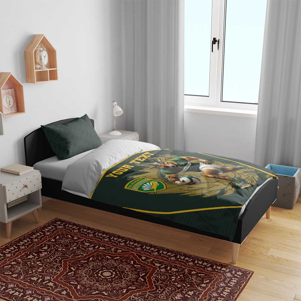 Personalised rugby duvet set in dark green with two pillows; mascot artwork and “YOUR TEXT”