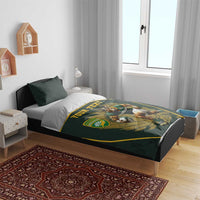 Personalised rugby duvet set in dark green with two pillows; mascot artwork and “YOUR TEXT”