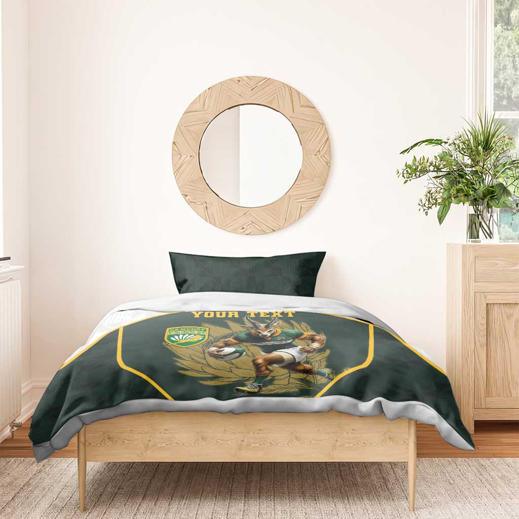 Dark green personalised rugby bedding set with two pillows; mascot crest and “YOUR TEXT” on duvet