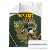 Personalised rugby mascot blanket with folded white backing, dark green with gold border