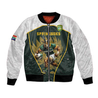 Green bomber jacket with rugby mascot crest, white sleeves, zip front, ribbed hem