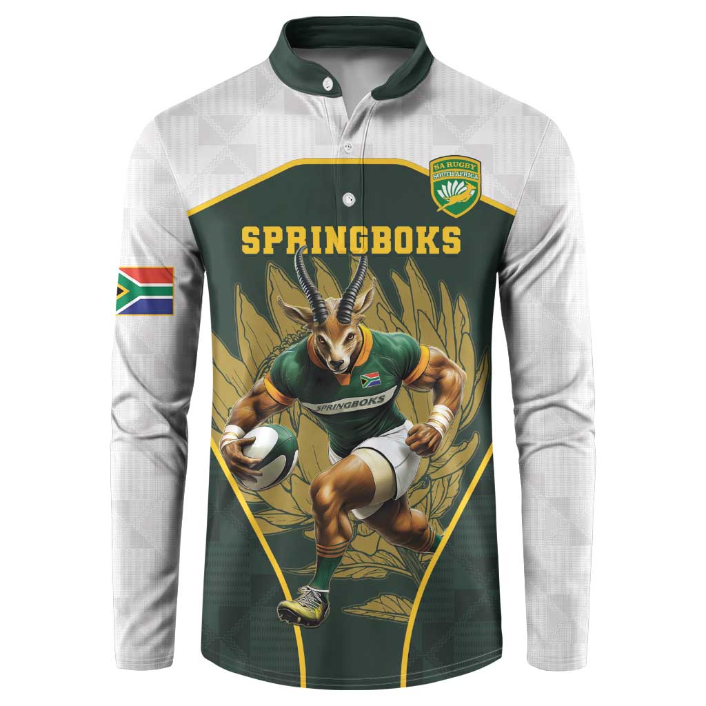Green and white rugby-style button sweatshirt with large front Springboks graphic