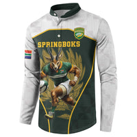 Green and white rugby-style button sweatshirt with Springboks mascot front panel graphic