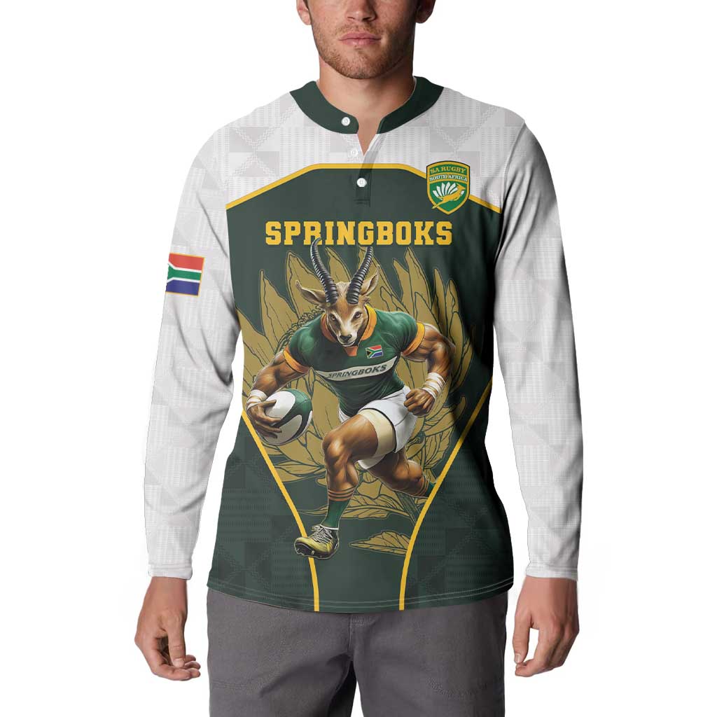Green and white rugby-style button sweatshirt with Springboks front graphic and sleeve flag