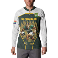 Green and white rugby-style button sweatshirt with Springboks front graphic and sleeve flag