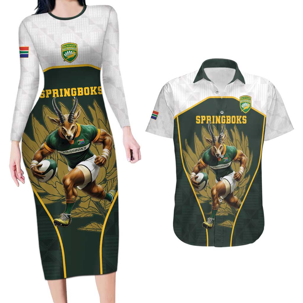 South Africa Rugby Personalised Couples Matching Long Sleeve Bodycon Dress and Hawaiian Shirt Springboks Mascot With King Protea -  African Pattern - Wonder Print Shop