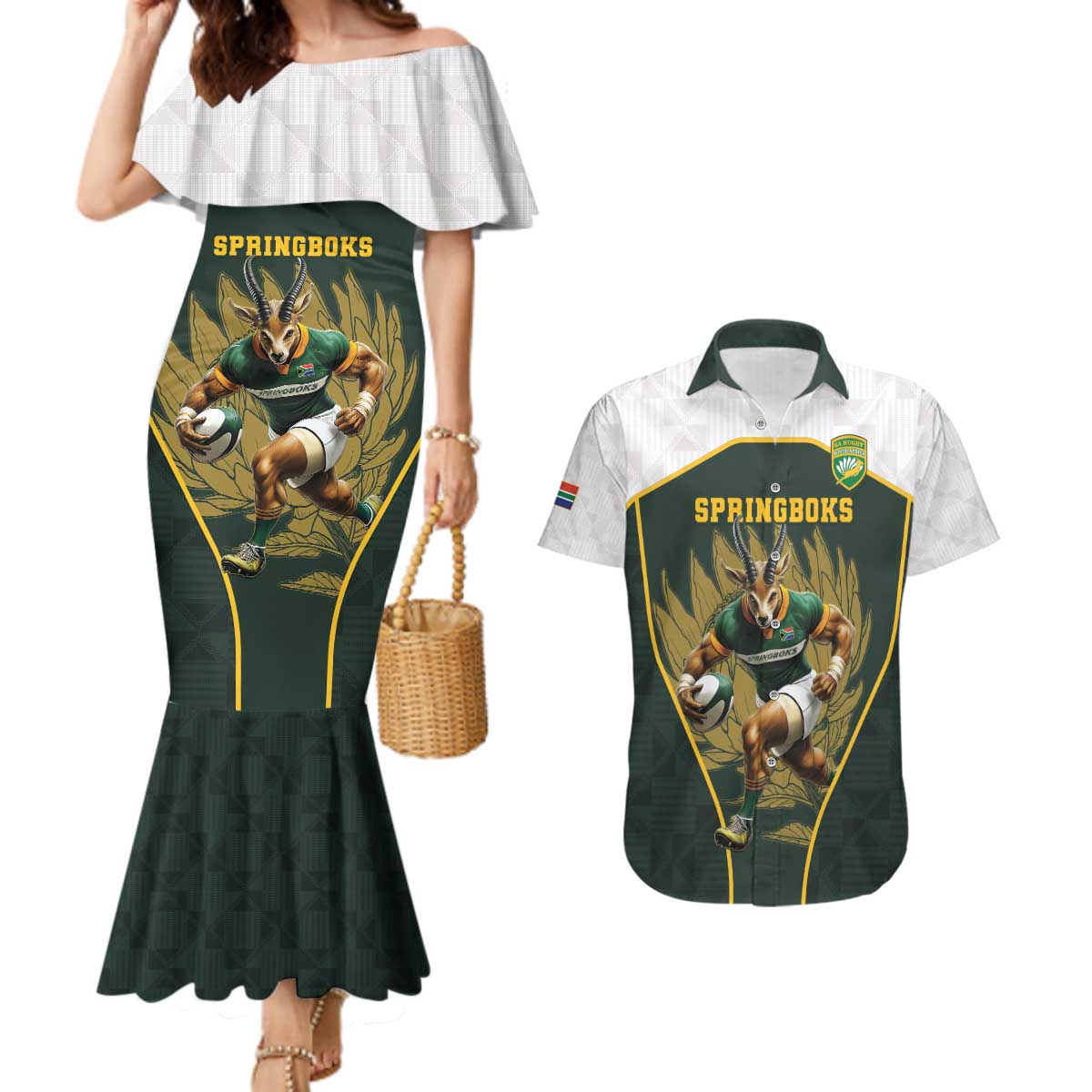 South Africa Rugby Personalised Couples Matching Mermaid Dress and Hawaiian Shirt Springboks Mascot With King Protea -  African Pattern - Wonder Print Shop